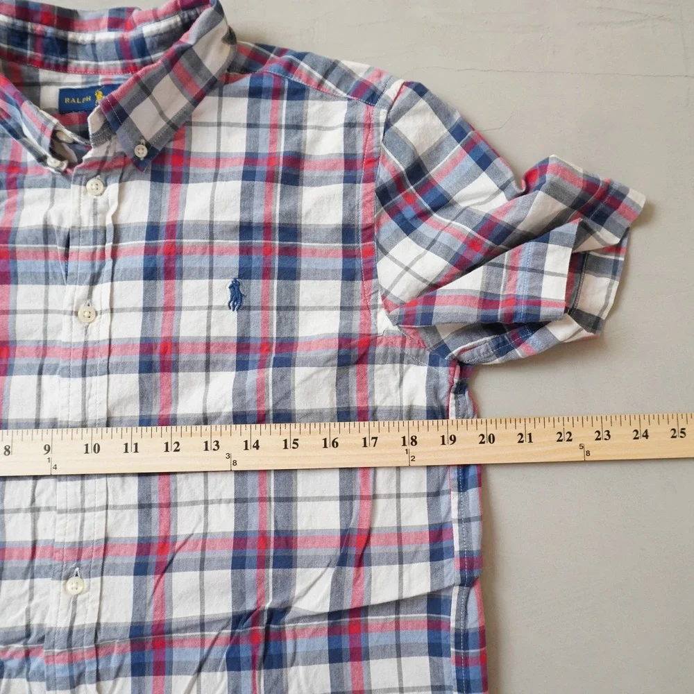 Ralph Lauren Boys XL 18-20 Plaid Short Sleeve Button Down Shirt Red White Blue